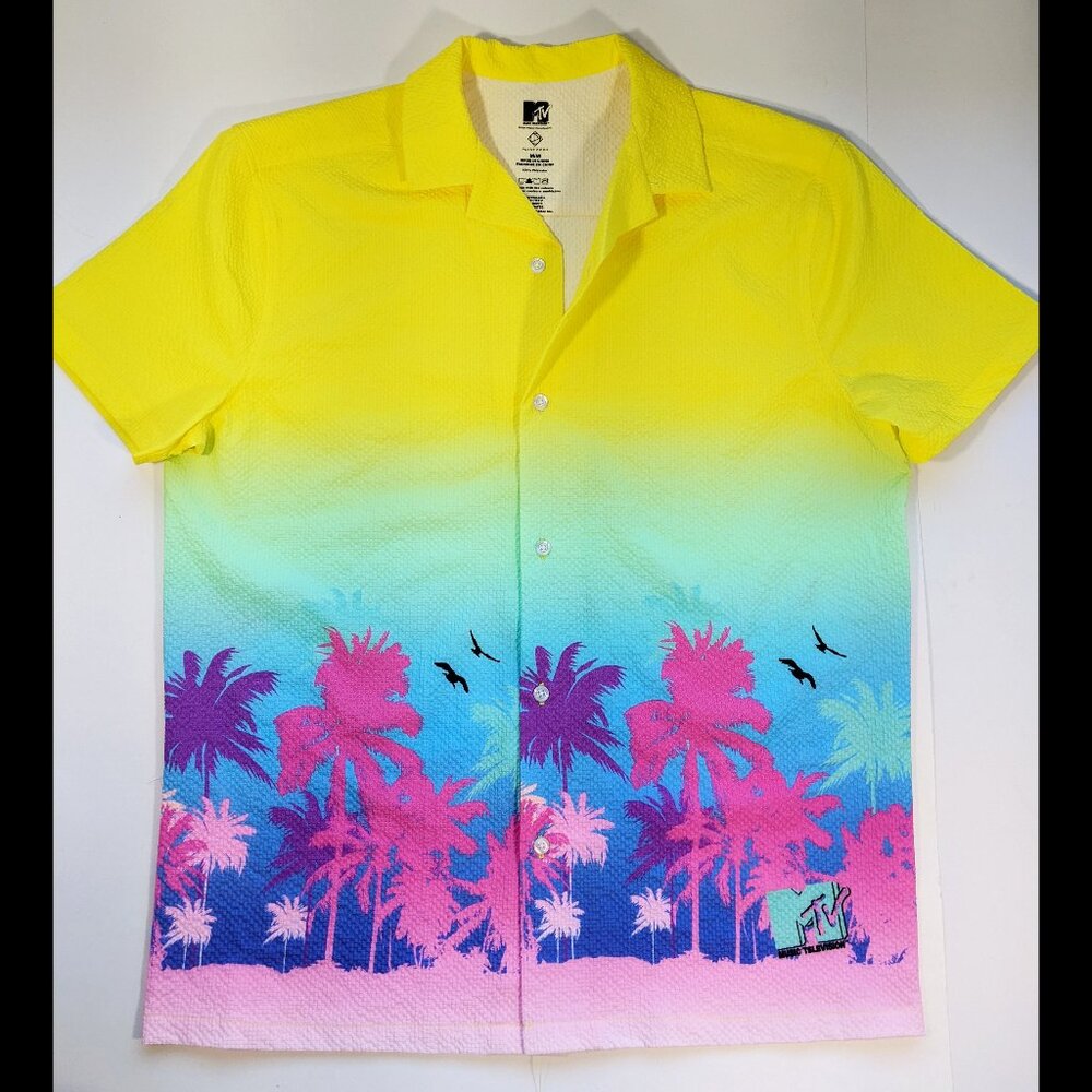 MTV Hawaiian Shirt Neon Colors Palm Trees 80s-Miami-Retro from 2024 RARE NEW Med
